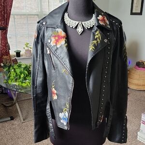 Embroidered Black Leather Jacket